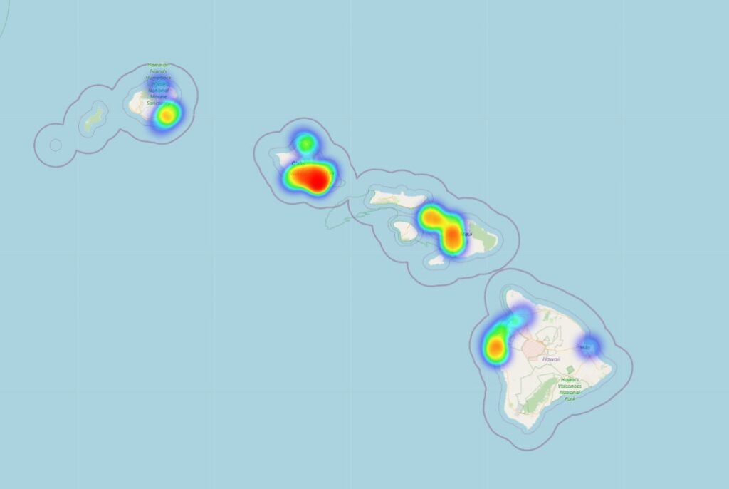 Heat map showing the distribution of EV charging stations across Hawaii, with a concentration in Honolulu and sparse distribution elsewhere.