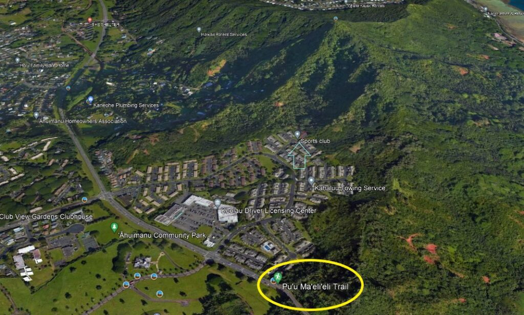 Trailhead Map for Kaneohe Pillbox Hike. Two entrance points.