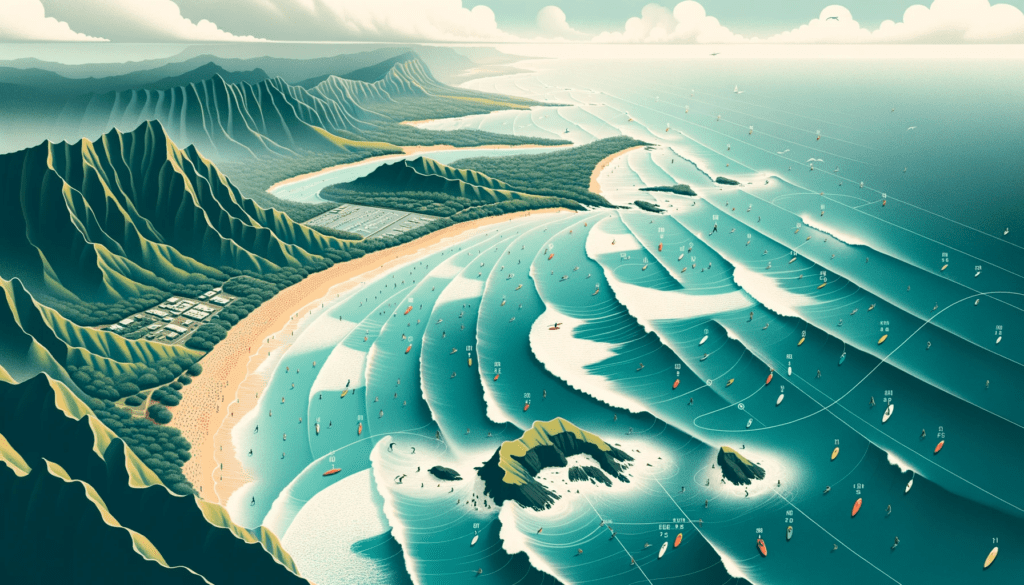 Illustration of an aerial view of the North Shore of Oahu with surfing spots